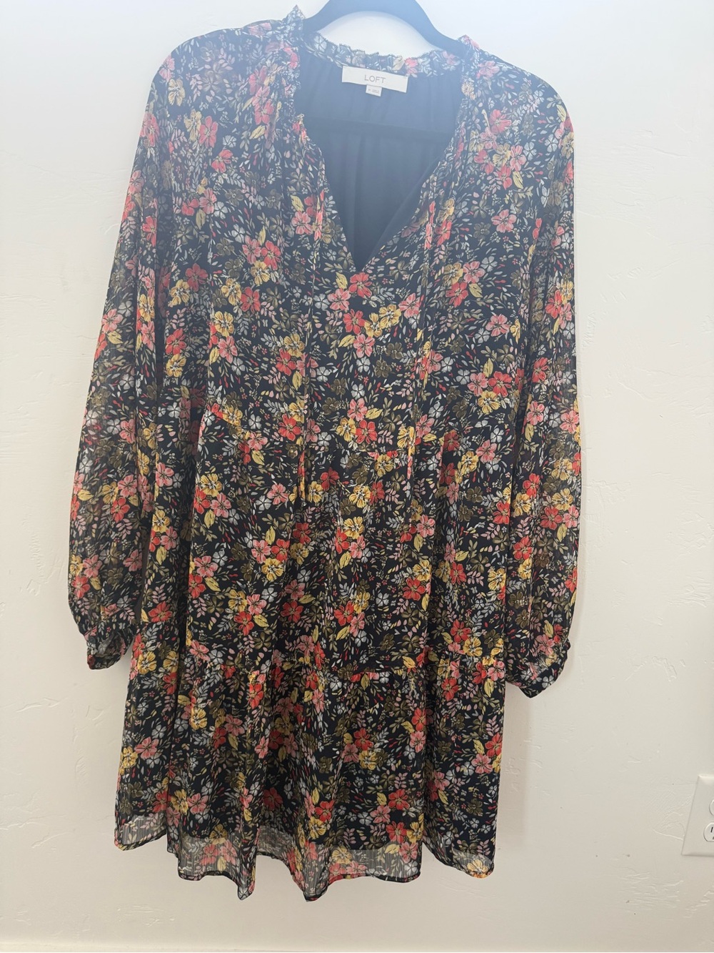 LOFT Black Floral Tiered Long-Sleeve Dress